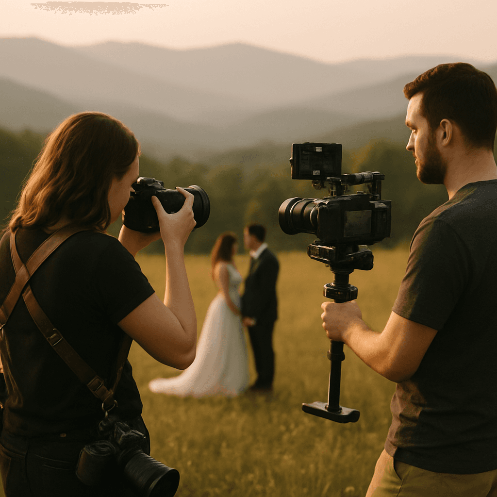 A wedding photographer and videographer capturing a couple during golden hour in the mountains
