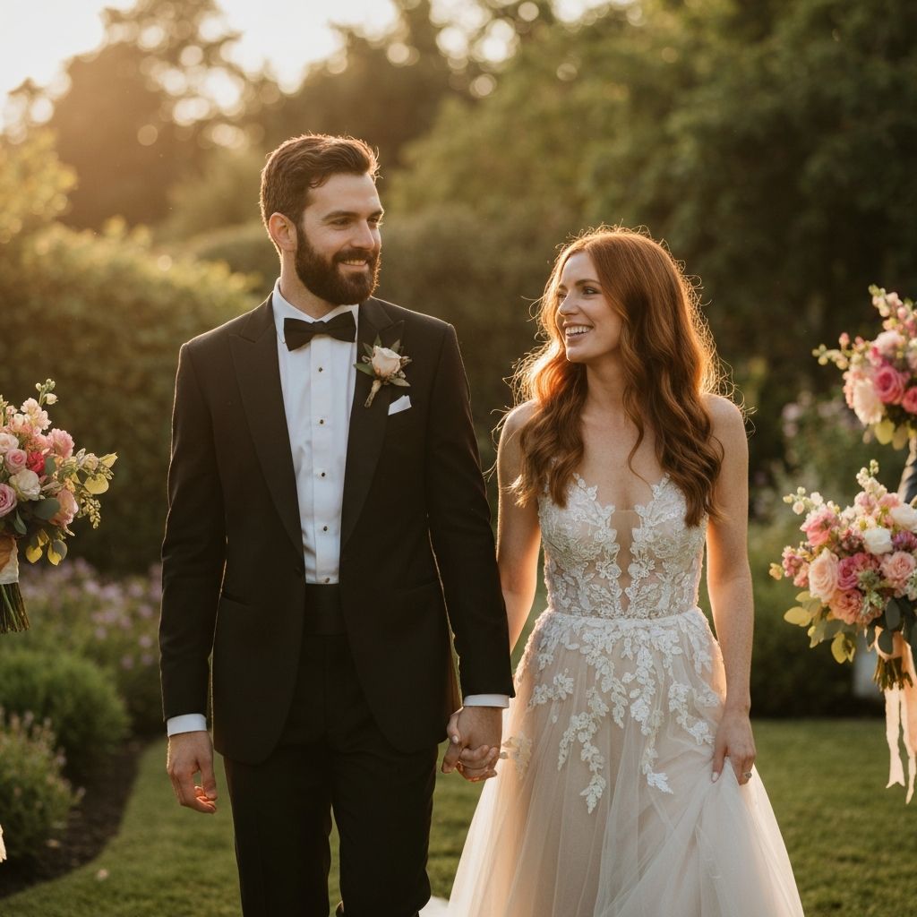 Couple walking peacefully together during their wedding day