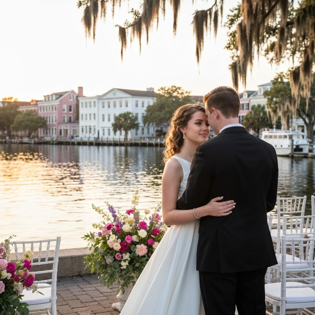 Beautiful Charleston waterfront wedding venue at sunset