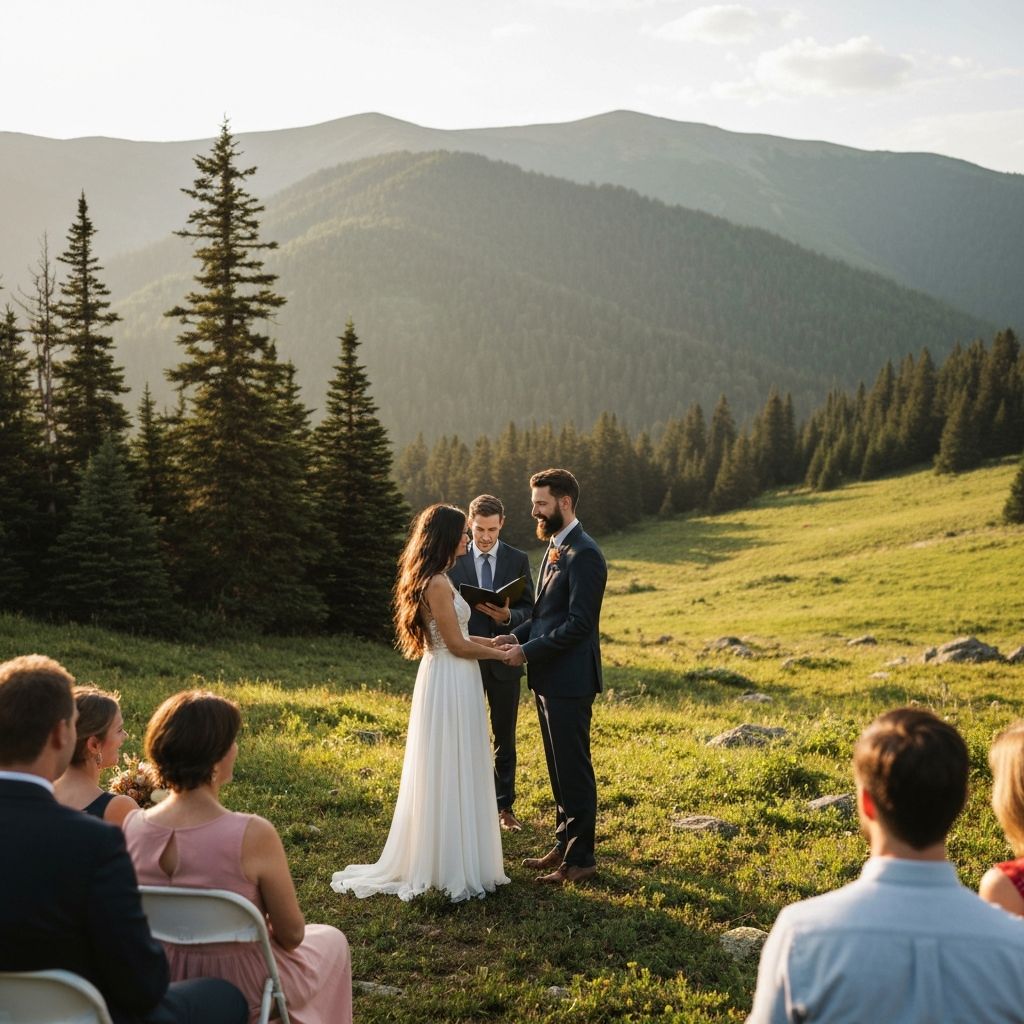 Bride and groom standing on rocky mountain outcrop overlooking misty forested mountains in Western North Carolina