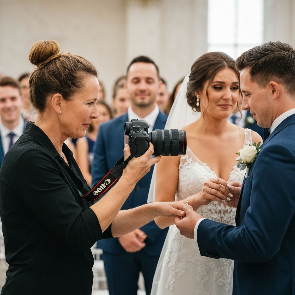 Wedding videographer filming couple